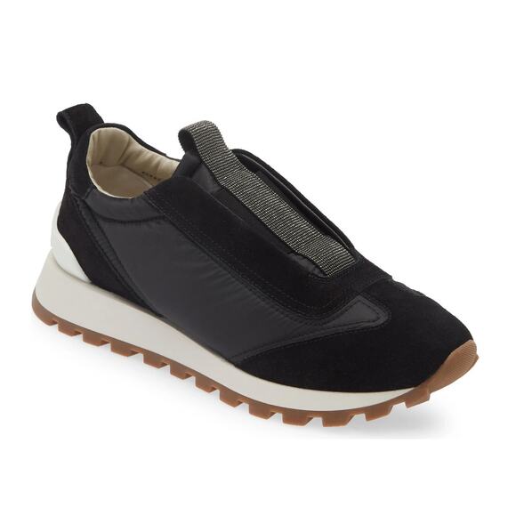 Brunello Cucinelli monili Suede Techno Fabric slip-on sneakers Black 36 - Picture 1 of 10